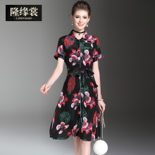 隆缘裳春装2017新款女ol通勤时尚印花短袖系带收腰真丝连衣裙2981图片