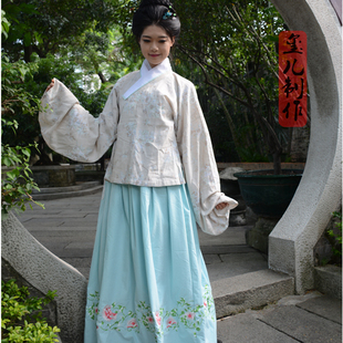玺儿制作秋季汉服女装常服棉麻印花上袄加纯棉定位绣花襦裙套装
