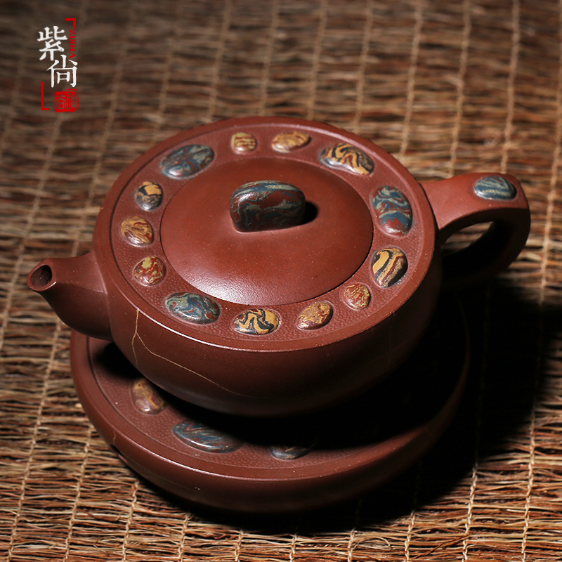 【紫尚】宜兴紫砂壶花器茶壶带底座 高俊杰雨花石绞泥清泉石上流X