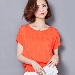 短袖t恤女夏宽松大码胖mm蝙蝠袖雪纺衫短款韩