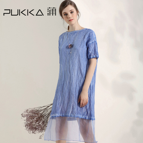 Pukka/蒲牌2017夏装新款商场同款原创设计女装拼接真丝棉连衣裙商品大图