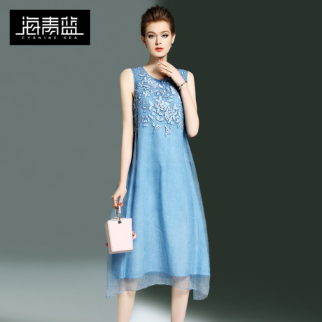 海青蓝2017夏装新款女装气质优雅A字裙绣花圆领真丝连衣裙0847商品大图