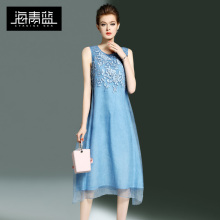 海青蓝2017夏装新款女装气质优雅A字裙绣花圆领真丝连衣裙0847图片