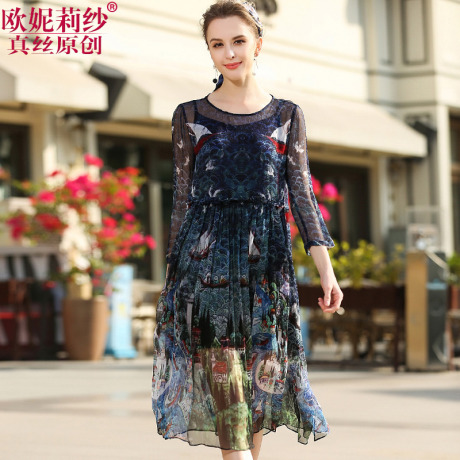 Oulileisha/欧妮莉纱印花真丝连衣裙女2017新款商品大图