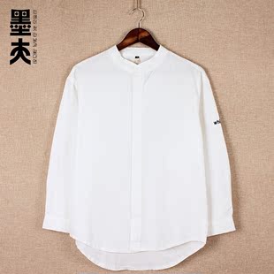 男女文艺纯色立领白衬衫女秋季情侣中国风长袖