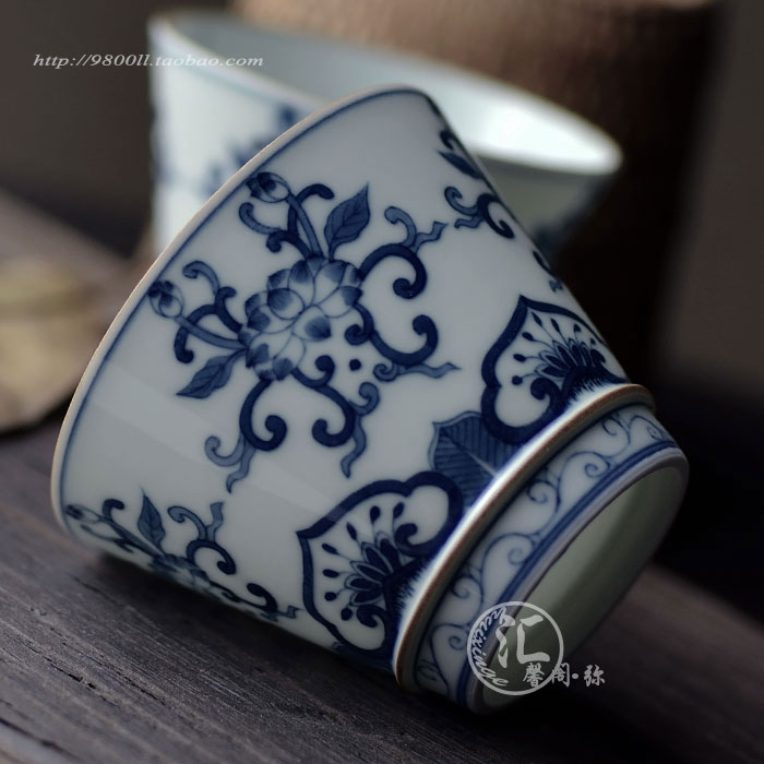 原创景德镇 手绘 青花瓷釉下彩 功夫茶具 口杯 品茗杯 茶杯 桶杯