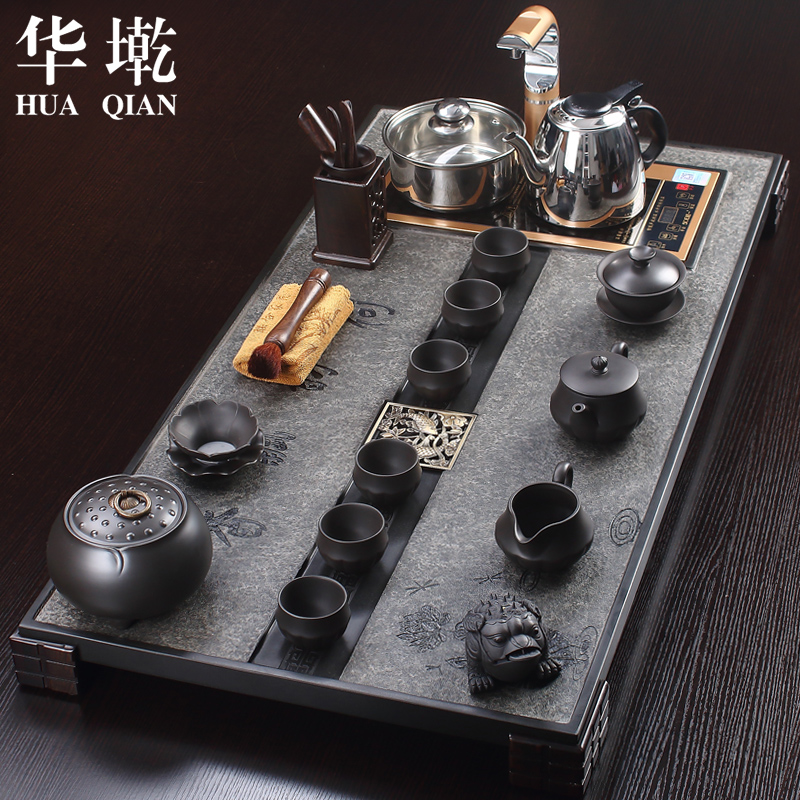 华墘 大号乌金黑金石茶盘 四合一电磁炉茶台茶海整套功夫茶具套装
