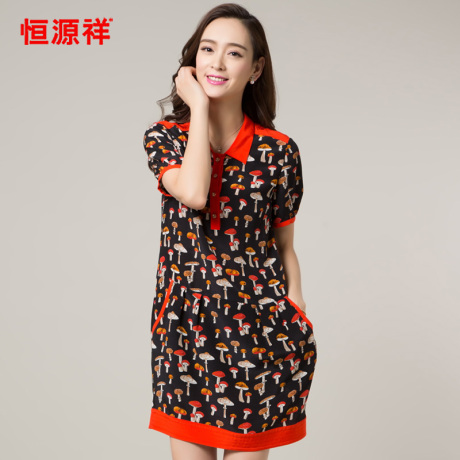 恒源祥2017夏季新款淑女短袖连衣裙真丝圆领印花桑蚕丝宽松女装商品大图