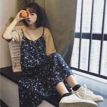 碎花雪纺连衣裙宽松过膝裙子 甜美小清新吊带裙中长款 韩版 夏季女装