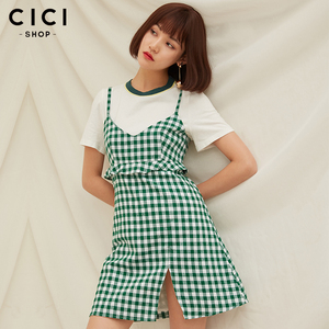 CICISHOP经典荷叶边吊带格子连衣裙