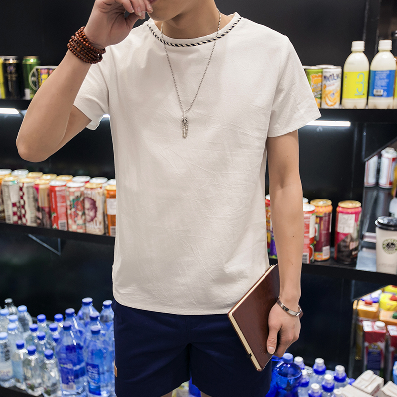 夏季棉麻短袖t恤男士亚麻短袖衬衫半袖体恤衫