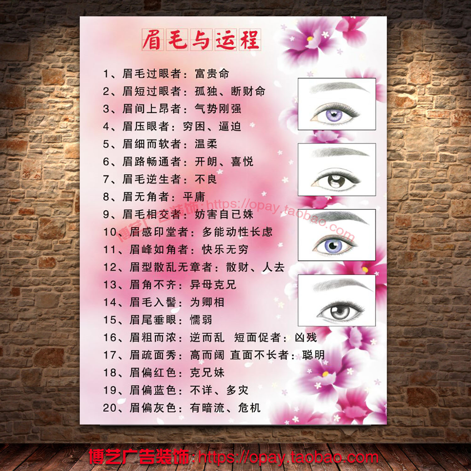 美容护理中医养生馆眉毛与运程说明海报打印定制kt板喷绘装饰墙画