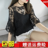 上衣2017夏新品 两件套上衣潮 韩女吊带钩花镂空网衫 女夏 蕾丝短袖