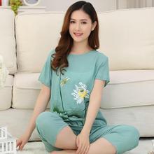 棉绸家居服外穿 睡衣女夏棉麻加肥加大中老年妈妈装 棉短袖 天天特价