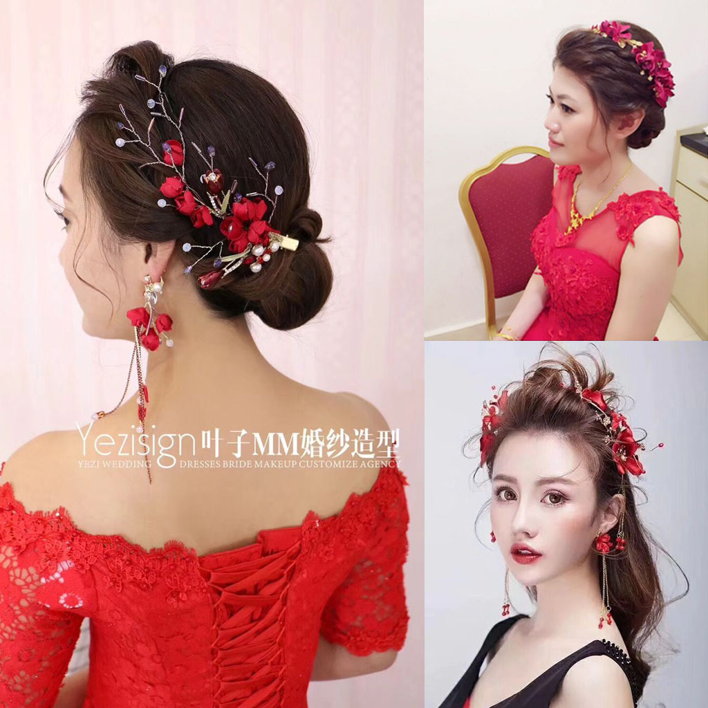 新娘盘发头饰彩妆造型u型发插日韩手工婚礼服饰品满天