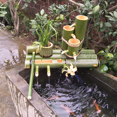 竹筒流水器 竹流水风水摆件 竹子水景过滤器花园装饰鱼缸石槽摆件