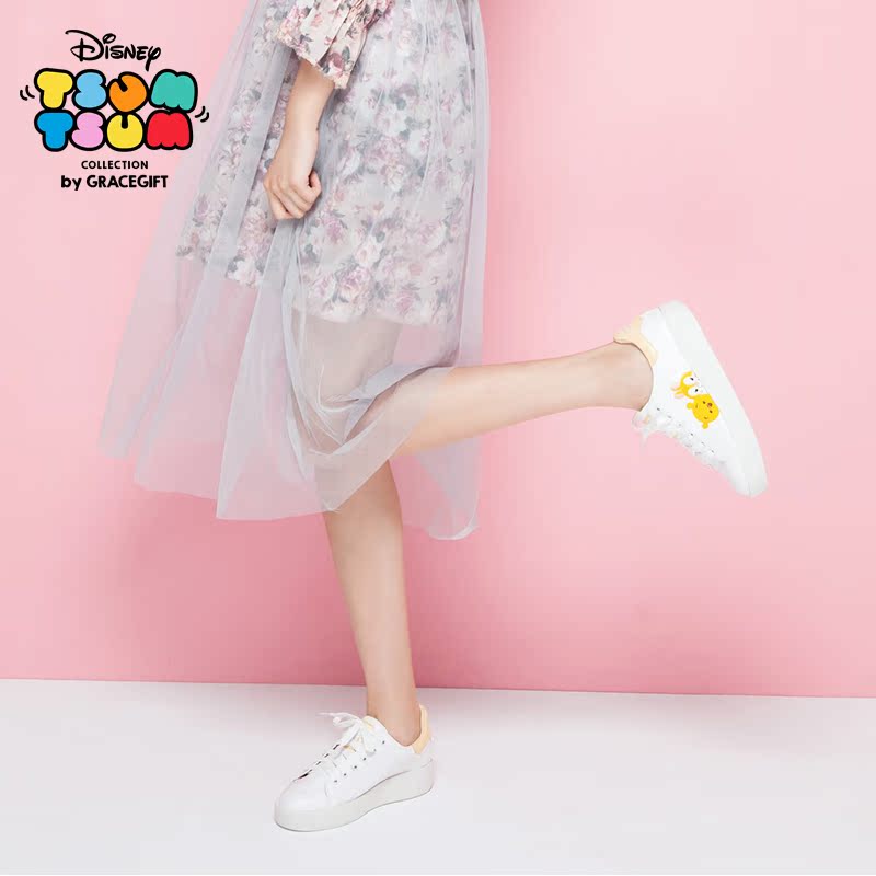 grace gift迪士尼tsum tsum卡通刺绣可爱小白鞋女系带厚底单鞋