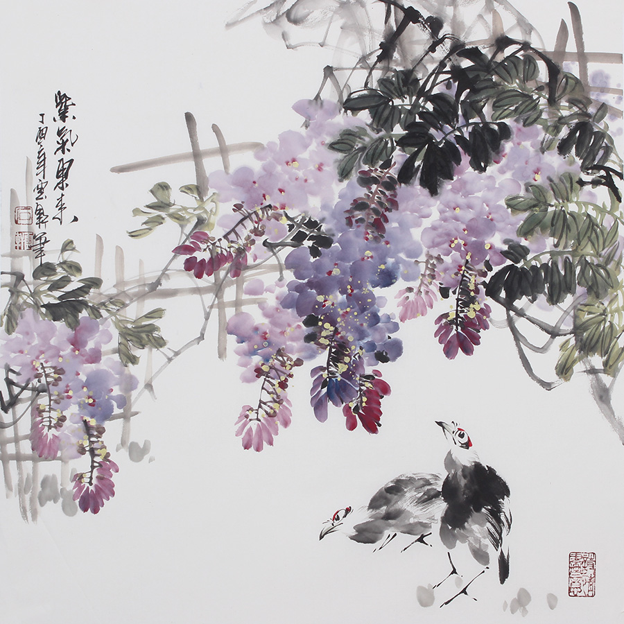 国画花鸟画纯手绘水墨画中式装饰画客厅卧室挂画斗方字画紫藤壁画