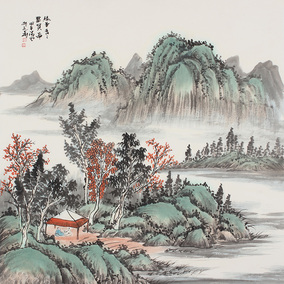 斗方国画 万财归宗 字画 办公室国画山水画 聚宝盆玄关装饰画风水