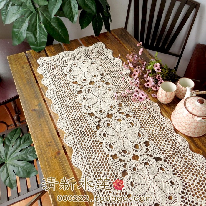 清新水莲 手工钩针钩花朵桌布 欧式复古乡村装饰盖布巾 桌旗 长方
