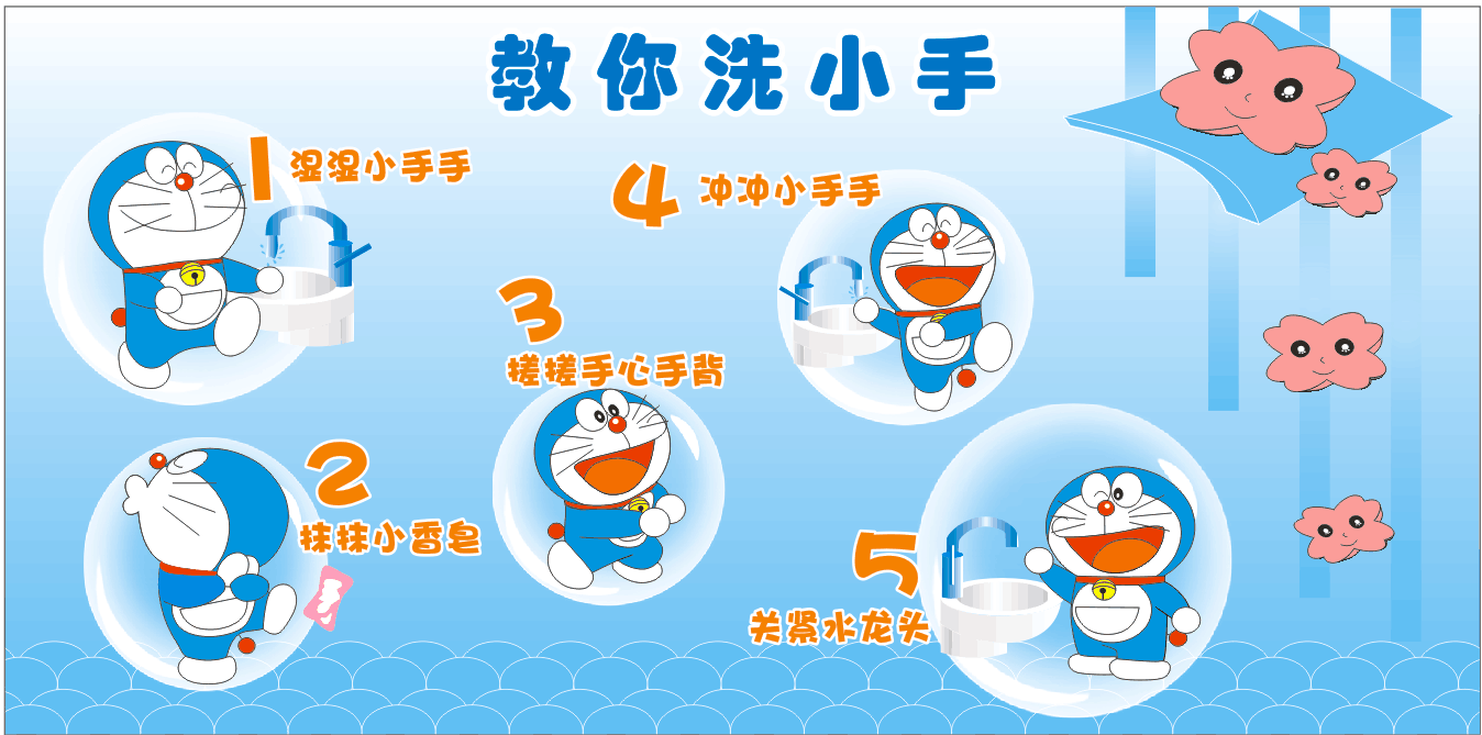 幼儿园洗手方法 卡通叮当洗手法 五步法(整张)流程图 贴画