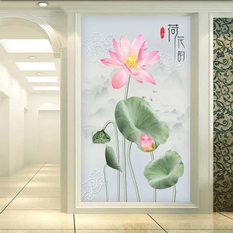 3d立体大气玄关竖版过道走廊背景墙壁纸无缝风景花鸟墙纸山水壁画