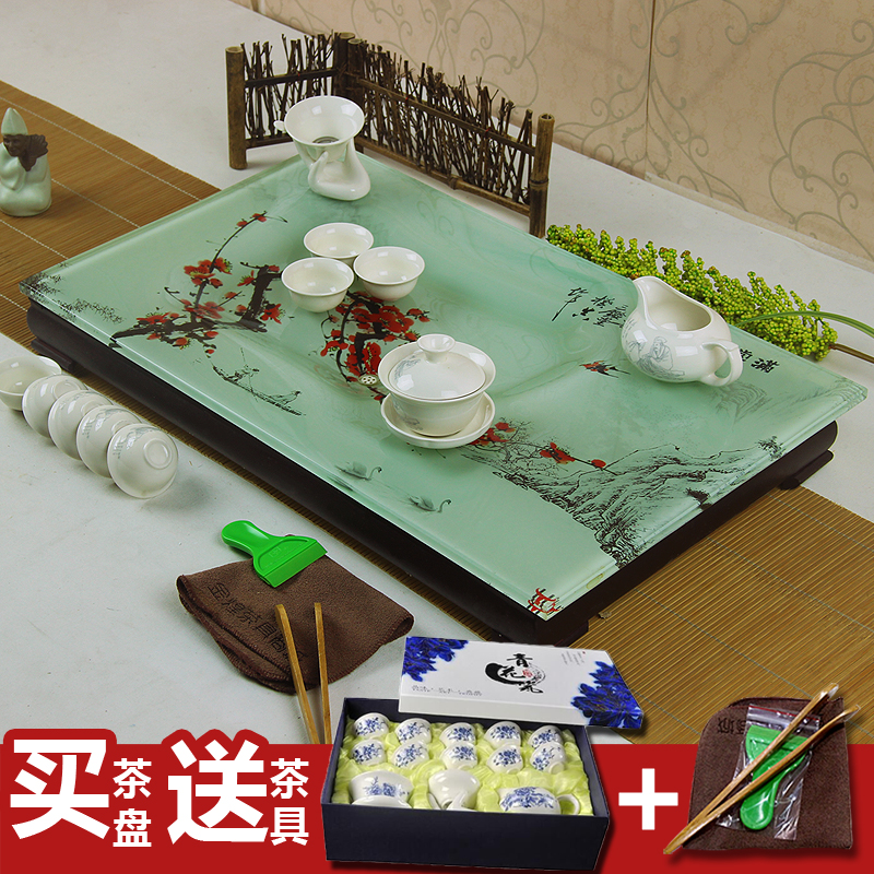 玻璃茶盘 包邮实木整块小号长方形排水茶海功夫玻璃茶盘茶具套装