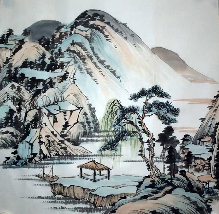 3436三尺斗方50x50cm无款现货纯手绘精品古意仿古山水画定制题款
