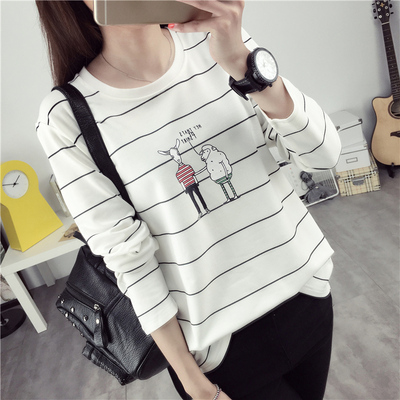 长袖t恤女秋装女装韩版秋衣条纹上衣大码宽松