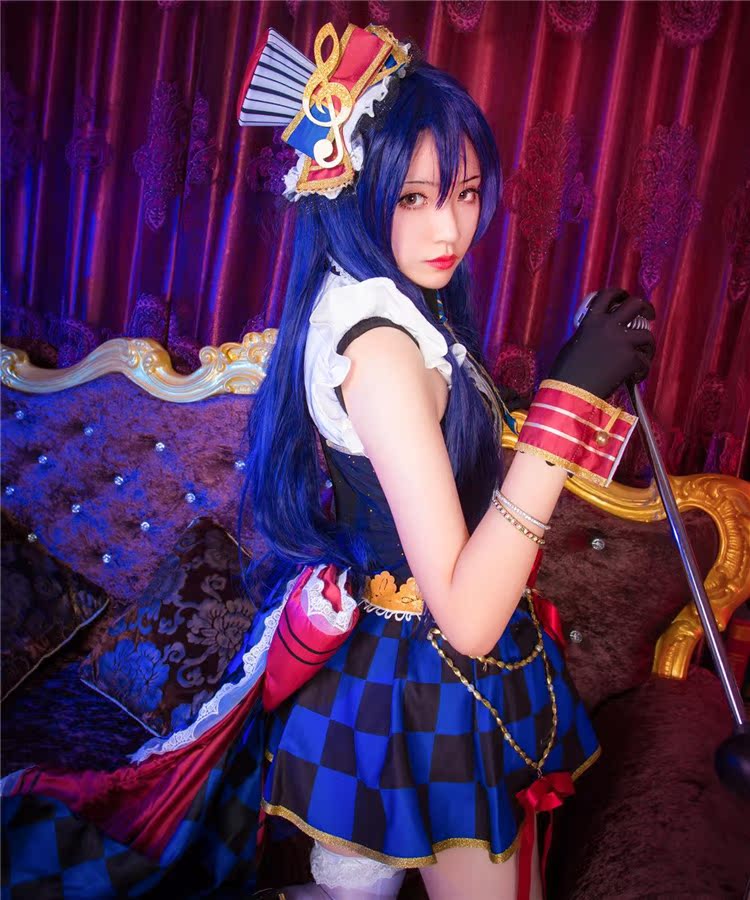 aicos王国 love live!园田海未 海爷混蓝色超顺长直发cosplay假发