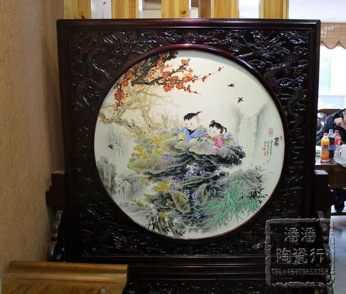 景德镇陶瓷瓷板画手绘仿古粉彩童趣瓷器画落地大屏风名人瓷板画