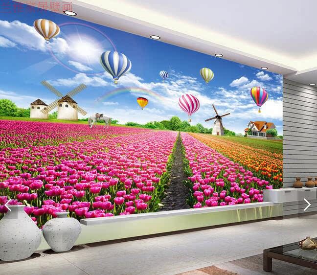 郁金香花海田园风光风景画电视背景墙装饰画客厅沙发背景墙纸壁画