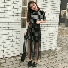 宽松短袖 T恤裙学生条纹上衣 纱裙套装 新款 中长款 韩版 2017春夏女装