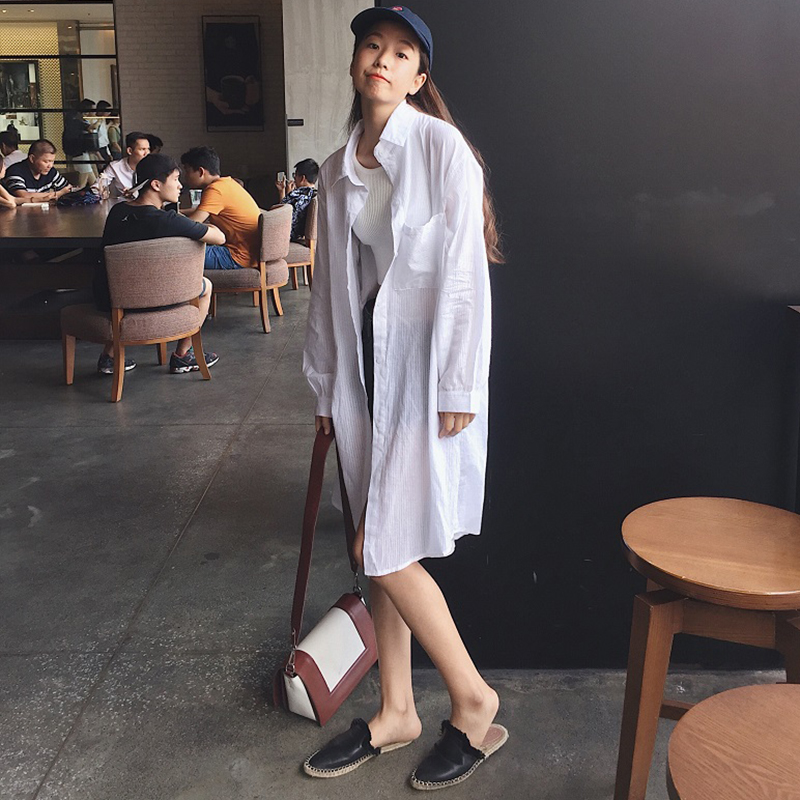 夏季新款女装韩版宽松薄款条纹透视长袖防晒衬衣女式中长款白衬衫