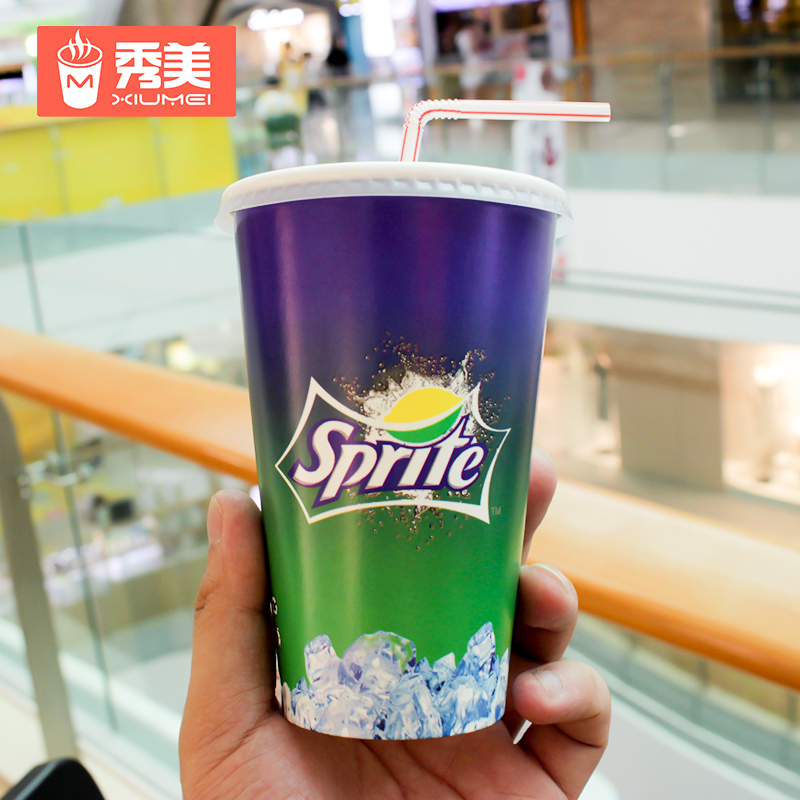 一次性雪碧芬达百事可乐纸杯 带盖加厚双淋膜外带杯 冷饮可乐纸杯