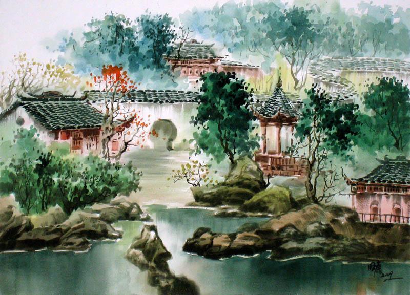 水粉画 手绘水彩风景 原创水彩风景写生 小湖亭子 家居装饰
