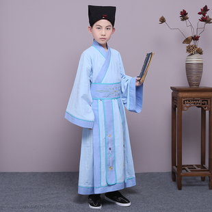 新款小男孩幼儿童宝宝传统绣花汉服直裾古装国学表演出服装