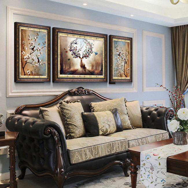 客厅装饰画欧式大气沙发背景墙画美式三联画餐厅玄关麋鹿壁画油画