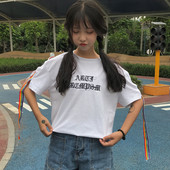T恤女 子飘带圆圈宽松短袖 韩国ulzzang原宿BF风刺绣字母袖 夏季新款