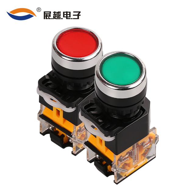 展越la38-11ds带灯自锁按钮开关平钮红绿圆形控制22mm