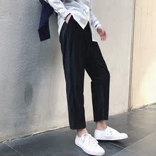1CHEN /秋季韩版气质暗纹宽松绒面抽绳松紧休闲哈伦裤九分裤男潮~