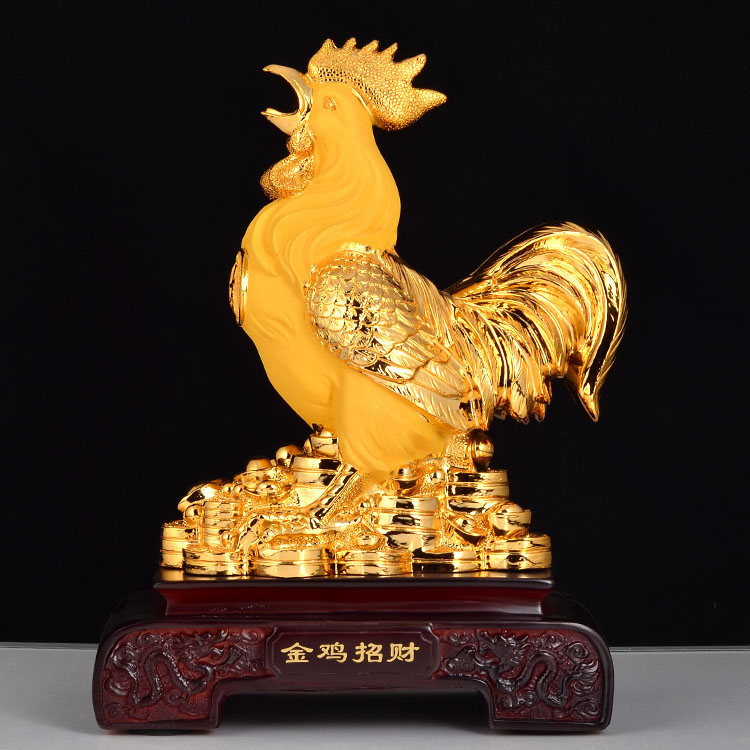 2017年金鸡招财大公鸡摆件树脂电镀绒沙金工艺品办公室雄鸡摆设