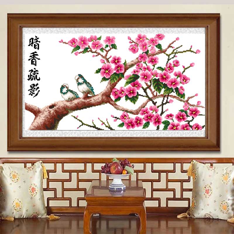 精准印花十字绣新款客厅套件幽香清远小鸟梅花 2001暗香疏影71*38