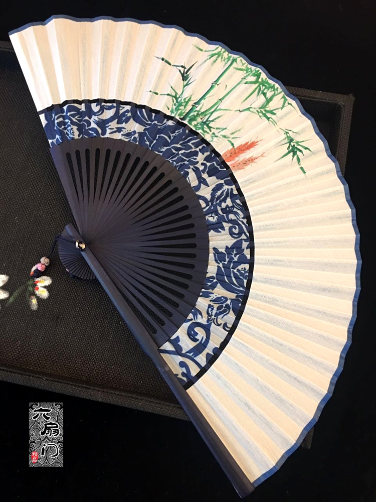 中国风6寸扇子二节青花瓷手绘扇面夏季古风真丝扇子手绘折扇女士