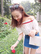 系带泡泡袖 上衣 宽松衬衫 日系甜美显瘦一字领撞色时尚 Z.T夏季新款