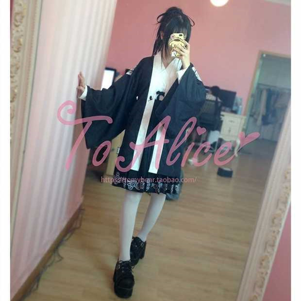 日系暗黑和服和风不良感软妹服刺绣印花仙鹤浴衣羽织 连衣裙