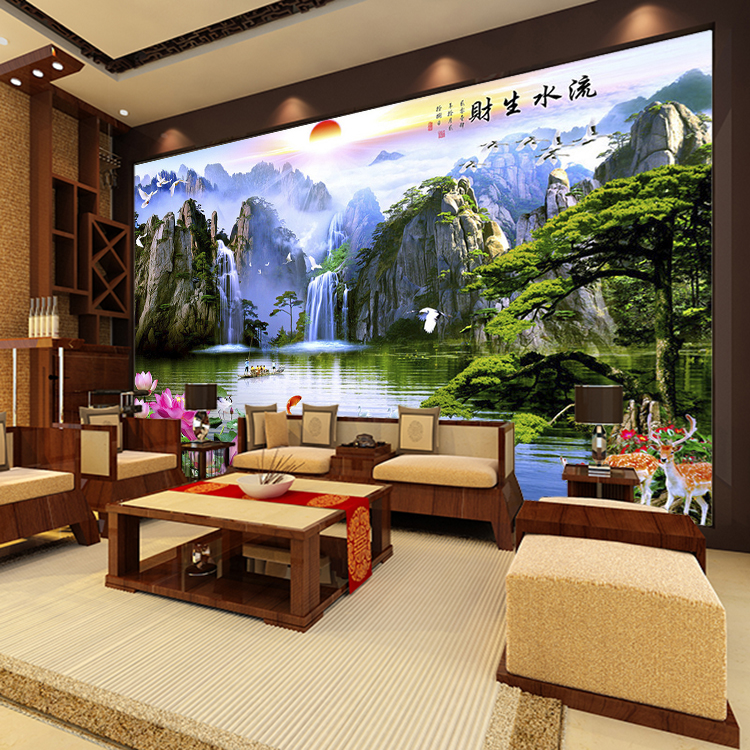 3d山水风景迎客松墙纸客厅中堂电视沙发背景墙壁画壁纸流水生财