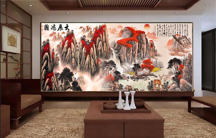 国画鸿运当头大展宏图办公室背景墙酒店宾馆前台背景墙纸壁画壁纸