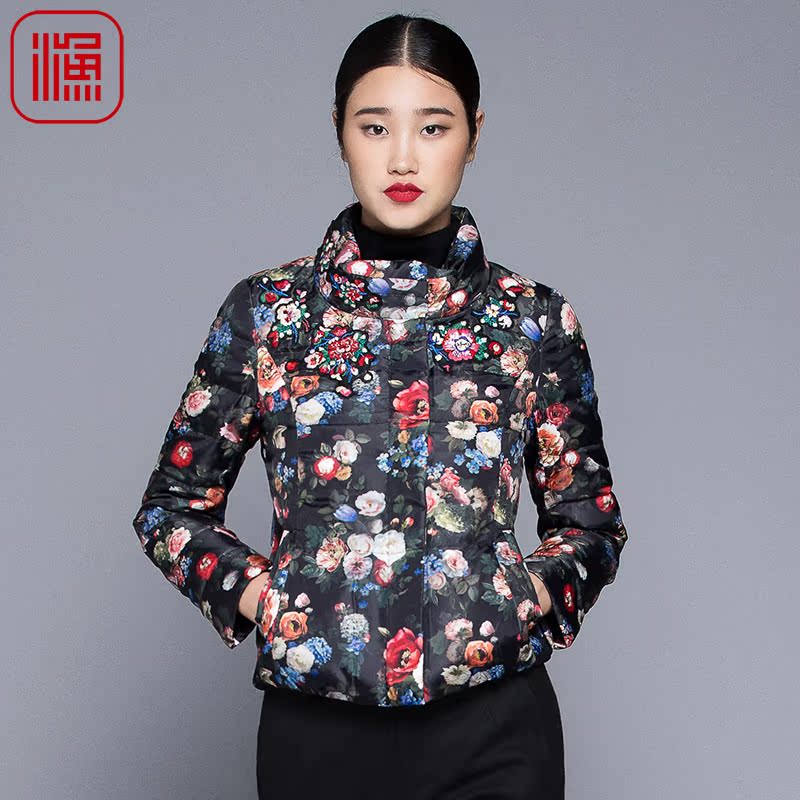 渔牌 枫林 2016秋冬新品民族风印花短款羽绒服女连帽外套f14d5033