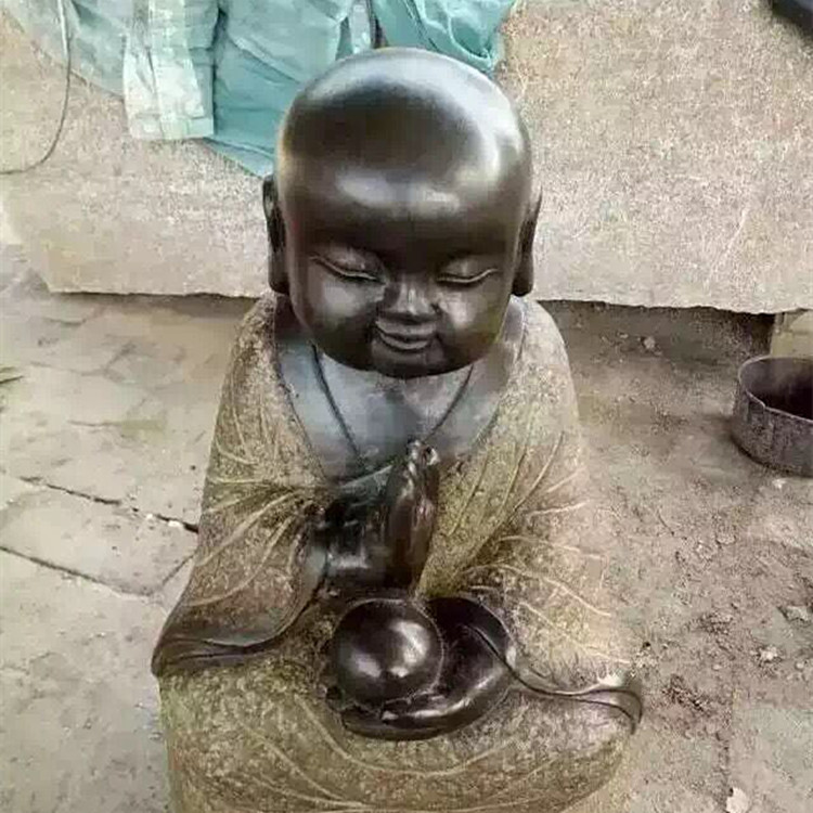 青石仿古石雕小沙弥小和尚青石做旧仿古石头寺院拜佛装饰禅意摆件
